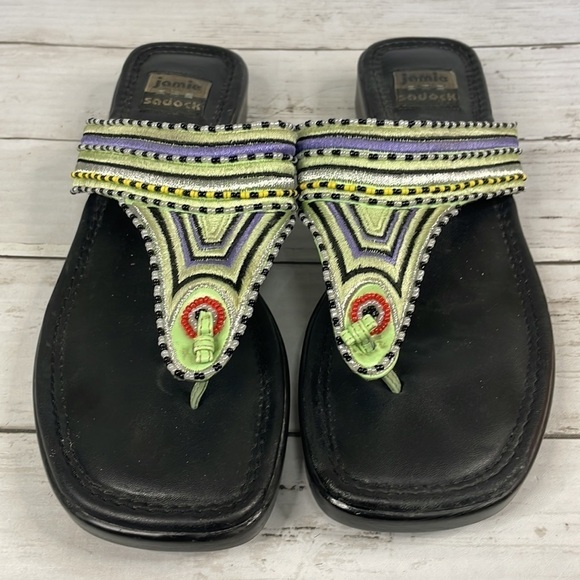 Viintage Beaded Embroidered Thong Square Toe Leather Sandal - Picture 14 of 14